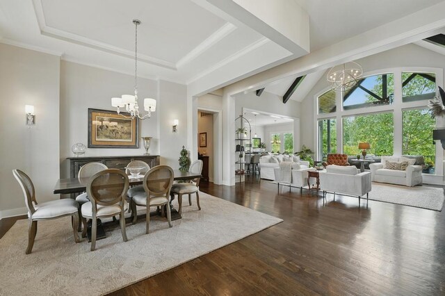 16005 Melrose St, Overland Park, KS 66221 - dining space with a chandelier, wood finished floors, high vaulted ceiling, and beamed ceiling
