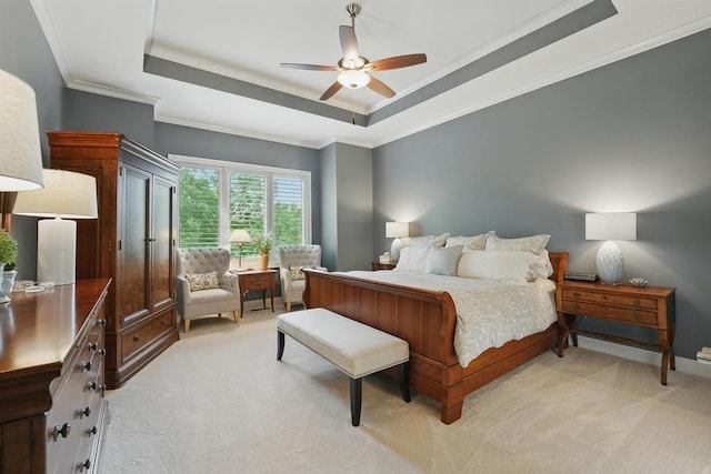 16005 Melrose St, Overland Park, KS 66221 - bedroom featuring ornamental molding, light colored carpet, a raised ceiling, and a ceiling fan
