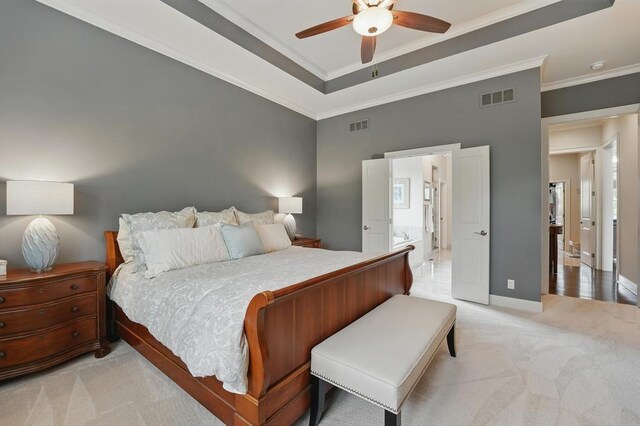 16005 Melrose St, Overland Park, KS 66221 - bedroom with light carpet, crown molding, and ceiling fan