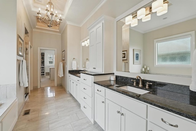 16005 Melrose St, Overland Park, KS 66221 - bathroom with crown molding, double vanity, a chandelier, and an enclosed shower