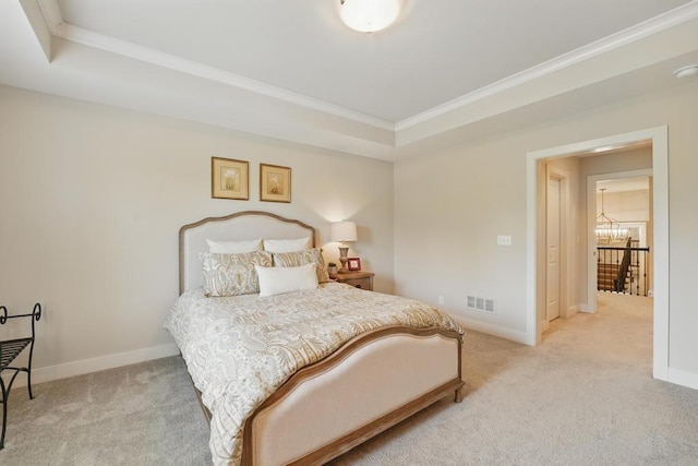 16005 Melrose St, Overland Park, KS 66221 - bedroom featuring carpet floors, ornamental molding, a chandelier, and a raised ceiling