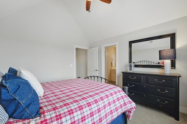 16005 Melrose St, Overland Park, KS 66221 - bedroom with light carpet, a ceiling fan, high vaulted ceiling, and connected bathroom