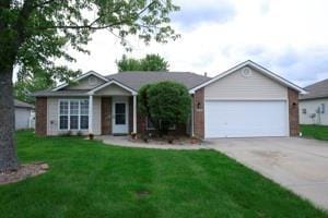 814 Clancy Ct, Raymore, MO 64083 - ranch-style home with concrete driveway, an attached garage, and a front yard