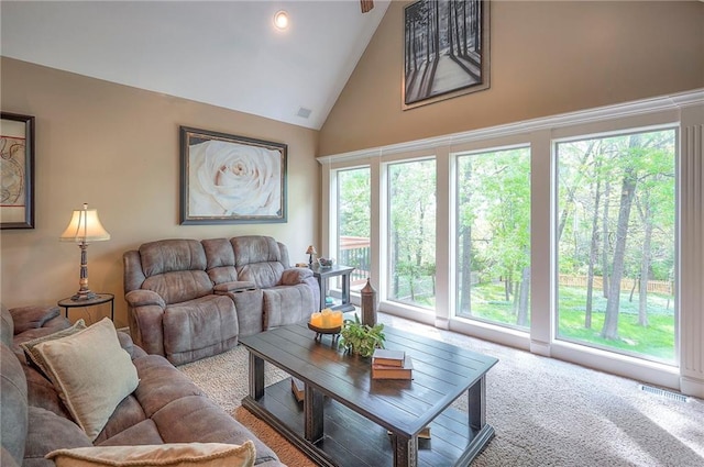 309 E 126th St, Kansas City, MO 64145 - living room with high vaulted ceiling and carpet floors