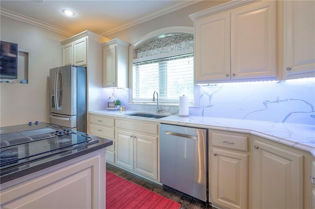 309 E 126th St, Kansas City, MO 64145 - kitchen with stainless steel appliances, ornamental molding, white cabinetry, decorative backsplash, and light stone countertops