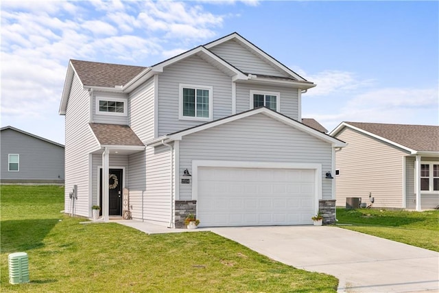 27104 E Cedar Grove Dr, Lees Summit, MO 64086 - view of front of home featuring driveway, a front lawn, stone siding, and roof with shingles
