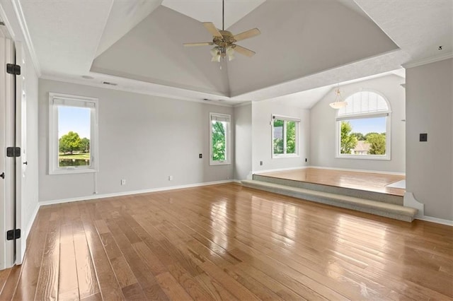 14605 Dearborn St, Overland Park, KS 66223 - unfurnished living room featuring a tray ceiling, hardwood / wood-style flooring, a ceiling fan, and lofted ceiling