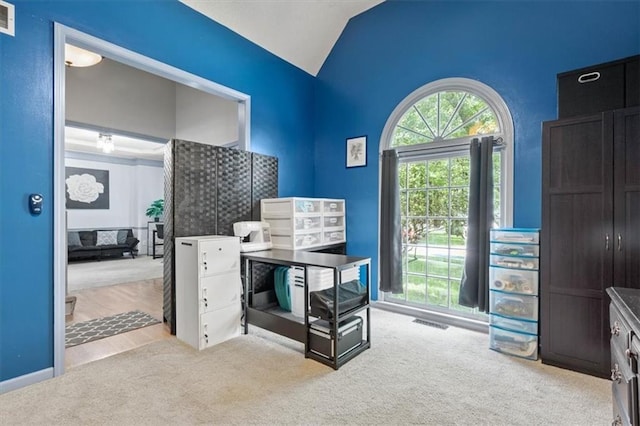 14105 W 115th St, Olathe, KS 66062 - home office with carpet flooring, lofted ceiling, and baseboards