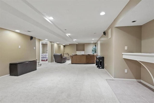 14105 W 115th St, Olathe, KS 66062 - living room with baseboards, recessed lighting, and light colored carpet