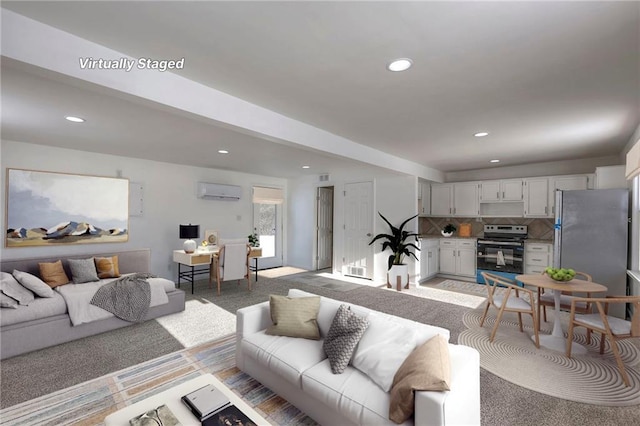 1129 US Highway 50, Centerview, MO 64019 - living room with recessed lighting, light colored carpet, and a wall mounted AC