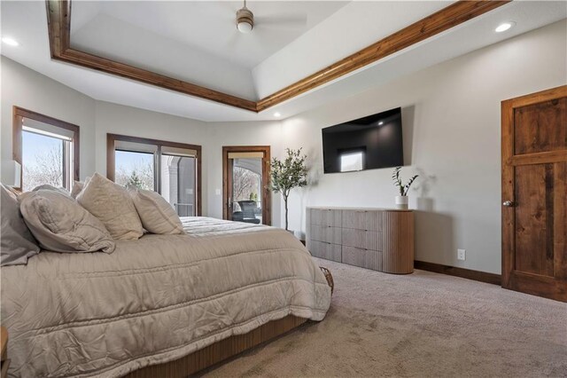 20711 Benson St, Bucyrus, KS 66013 - bedroom featuring carpet floors, recessed lighting, a tray ceiling, and a ceiling fan