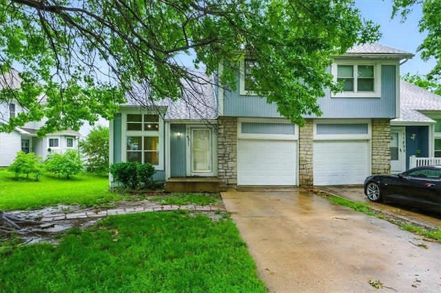 11431 Reeder St, Overland Park, KS 66210 - view of front facade featuring stone siding, an attached garage, concrete driveway, and roof with shingles