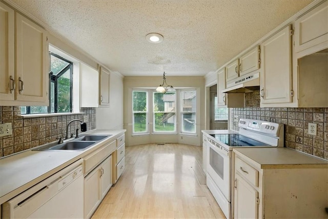 11431 Reeder St, Overland Park, KS 66210 - kitchen featuring white appliances, a sink, under cabinet range hood, plenty of natural light, and crown molding