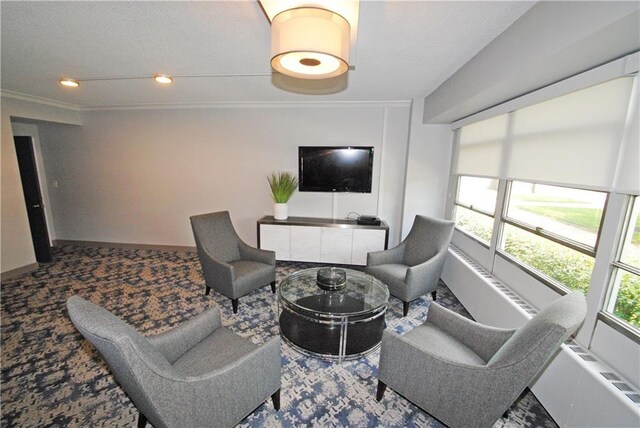 333 W Meyer Blvd Unit 414, Kansas City, MO 64113 - carpeted living room featuring recessed lighting, baseboards, and ornamental molding