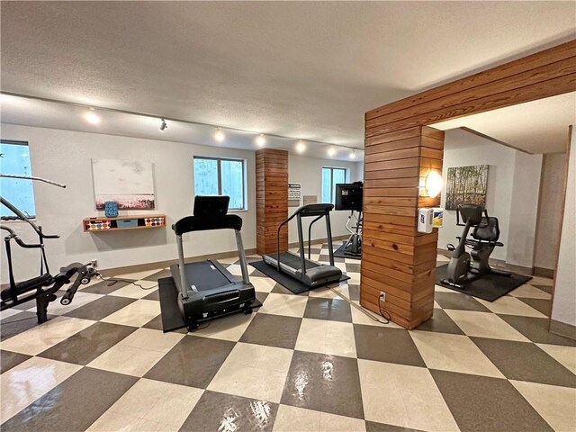 333 W Meyer Blvd Unit 414, Kansas City, MO 64113 - exercise area featuring rail lighting, a textured ceiling, and baseboards