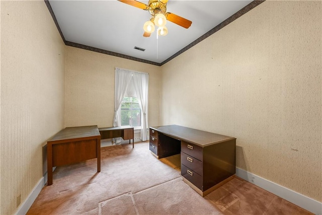 5322 SE Riverside Ter, Saint Joseph, MO 64507 - home office with crown molding, a ceiling fan, carpet floors, and baseboards
