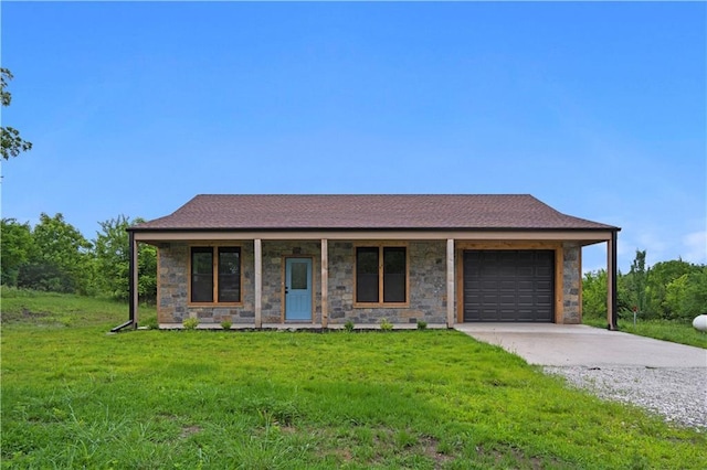 26696 235th St, Mclouth, KS 66054 - view of front facade featuring concrete driveway, an attached garage, a front lawn, and stone siding