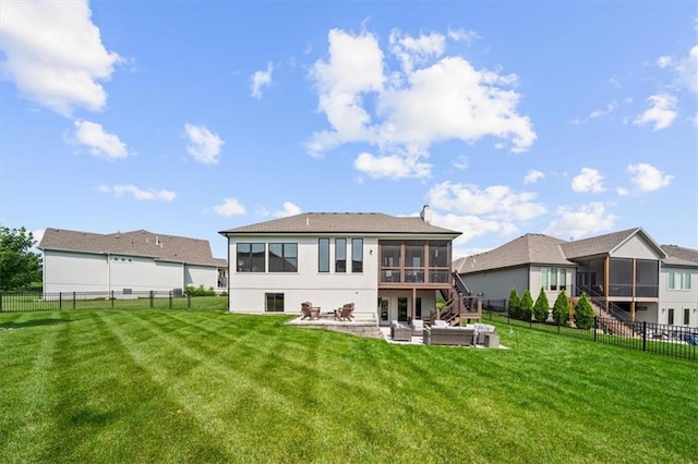 3053 NW Thoreau Ln, Lees Summit, MO 64081 - rear view of house with a sunroom, a patio area, a fenced backyard, an outdoor hangout area, and stairway