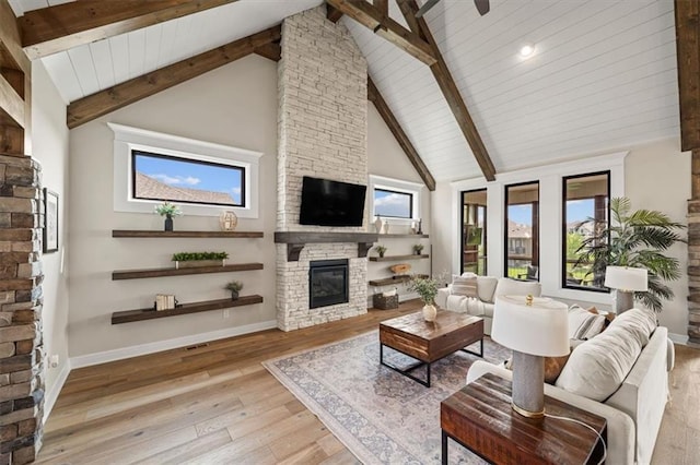 3053 NW Thoreau Ln, Lees Summit, MO 64081 - living area featuring a stone fireplace, hardwood / wood-style flooring, high vaulted ceiling, and a wood ceiling with exposed beams