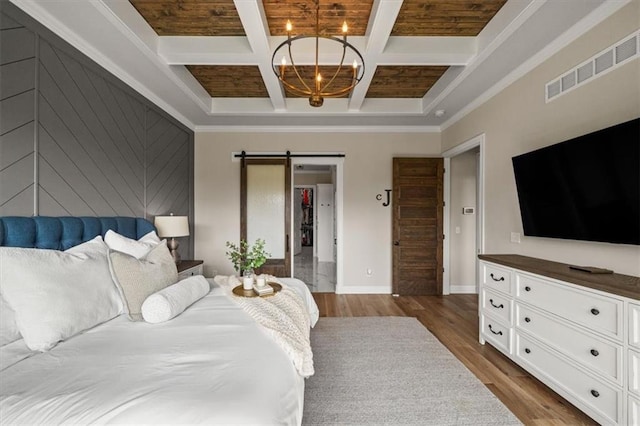 3053 NW Thoreau Ln, Lees Summit, MO 64081 - bedroom with coffered ceiling, dark wood-style floors, a chandelier, beam ceiling, and ornamental molding