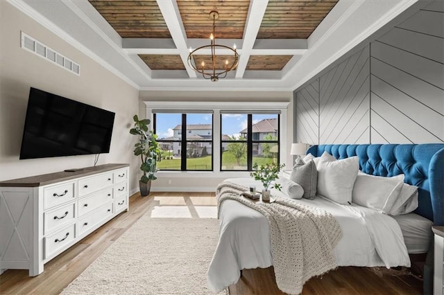 3053 NW Thoreau Ln, Lees Summit, MO 64081 - bedroom featuring a chandelier, light wood-style floors, crown molding, coffered ceiling, and a wooden ceiling with exposed beams