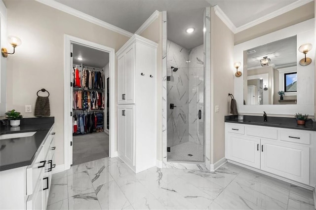3053 NW Thoreau Ln, Lees Summit, MO 64081 - bathroom with vanity, a marble finish shower, marble look tile flooring, and crown molding