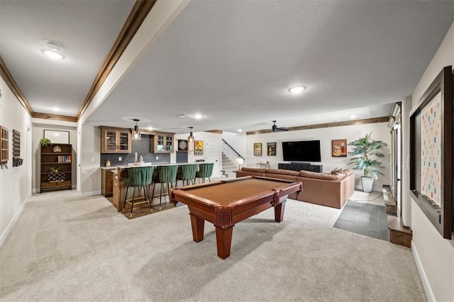 3053 NW Thoreau Ln, Lees Summit, MO 64081 - rec room with wet bar, light colored carpet, billiards, recessed lighting, and a textured ceiling