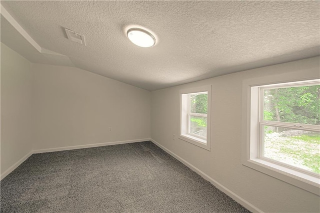 3874 E 63rd St, Kansas City, MO 64130 - spare room featuring a textured ceiling, carpet flooring, and lofted ceiling