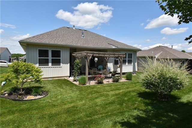 2015 Creek View Ln, Raymore, MO 64083 - back of property with a pergola, a patio area, a yard, and roof with shingles