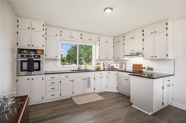 624 S Locust St, Gardner, KS 66030 - kitchen with oven, under cabinet range hood, dark countertops, dark wood-type flooring, and tasteful backsplash
