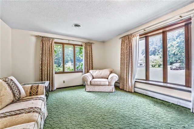 14121 S Haven Rd, Grandview, MO 64030 - carpeted living area featuring a textured ceiling and baseboard heating
