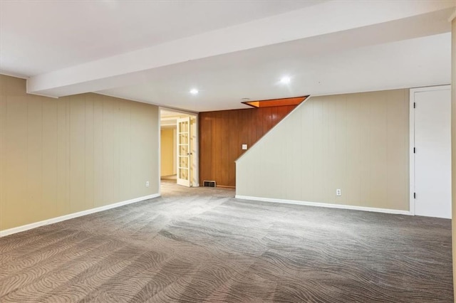 126 W 116th St, Kansas City, MO 64114 - finished basement featuring carpet, wood walls, recessed lighting, and stairs