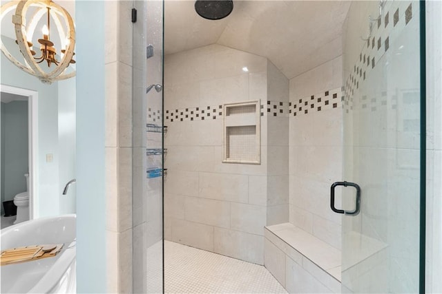 2201 SW Forestpark Cir, Lees Summit, MO 64081 - full bathroom with a chandelier, a stall shower, toilet, and vanity