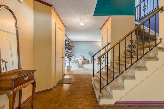 9714 Shepherds Dr, Kansas City, MO 64131 - staircase with baseboards, a textured ceiling, plenty of natural light, and crown molding