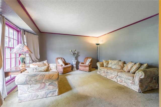 9714 Shepherds Dr, Kansas City, MO 64131 - carpeted living room with a textured ceiling and crown molding