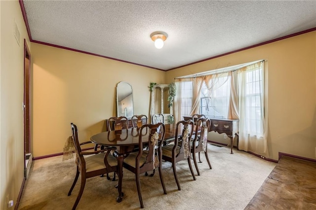 9714 Shepherds Dr, Kansas City, MO 64131 - dining space featuring crown molding, light colored carpet, a textured ceiling, and baseboards
