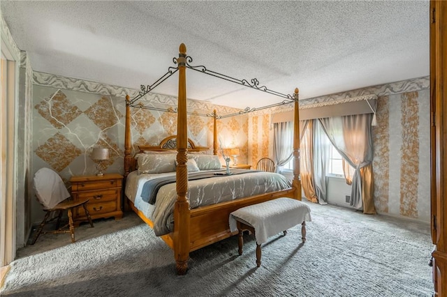 9714 Shepherds Dr, Kansas City, MO 64131 - bedroom with a textured ceiling, carpet floors, and wallpapered walls