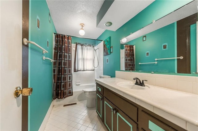 9714 Shepherds Dr, Kansas City, MO 64131 - bathroom with vanity, toilet, shower / bathtub combination with curtain, tile patterned flooring, and a textured ceiling