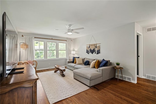 10417 Outlook Dr, Overland Park, KS 66207 - living room with ceiling fan and dark wood-type flooring