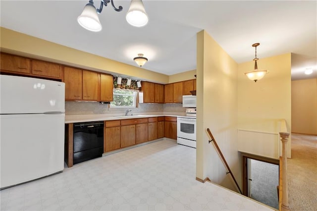 5029 NE 58th St, Kansas City, MO 64119 - kitchen featuring white appliances, brown cabinets, light countertops, light flooring, and decorative backsplash