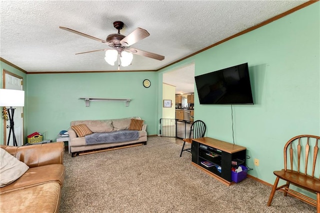 46005 E State Route N, Creighton, MO 64739 - carpeted living room featuring ornamental molding, a textured ceiling, a ceiling fan, and baseboards