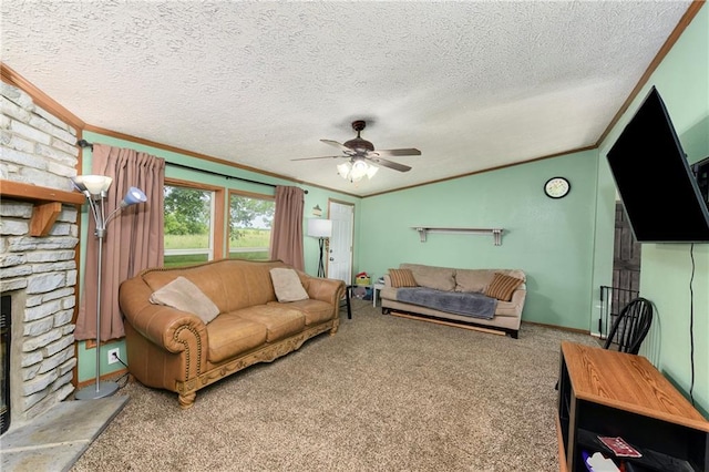 46005 E State Route N, Creighton, MO 64739 - living area featuring ceiling fan, carpet flooring, vaulted ceiling, a textured ceiling, and a stone fireplace