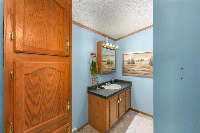 46005 E State Route N, Creighton, MO 64739 - bathroom featuring vanity, ornamental molding, baseboards, and a textured ceiling