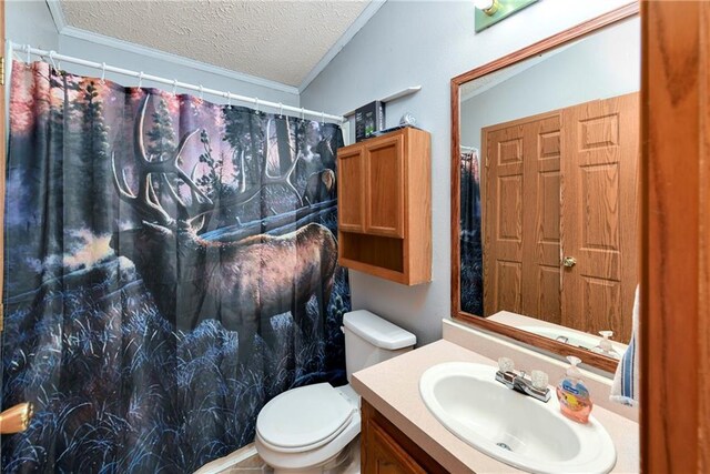 46005 E State Route N, Creighton, MO 64739 - full bathroom featuring a textured ceiling, toilet, vanity, crown molding, and a shower with curtain