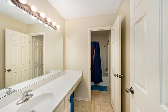 5827 Roundtree St, Shawnee, KS 66226 - bathroom featuring vanity, shower / bath combination with curtain, tile patterned flooring, and a textured ceiling