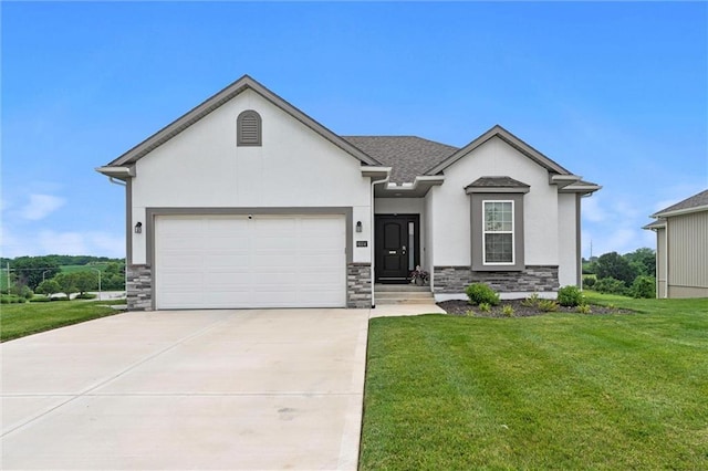 9504 N Amoret Ave, Kansas City, MO 64154 - view of front facade with stone siding, stucco siding, a front yard, and an attached garage