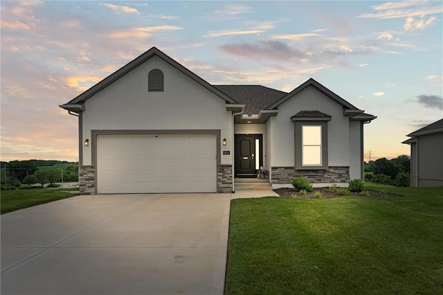9504 N Amoret Ave, Kansas City, MO 64154 - view of front facade with stone siding, stucco siding, driveway, and a front yard