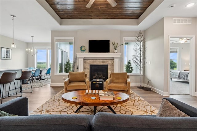 9504 N Amoret Ave, Kansas City, MO 64154 - living area featuring a tray ceiling, ceiling fan, wooden ceiling, and baseboards
