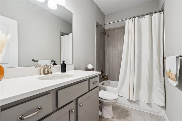 9504 N Amoret Ave, Kansas City, MO 64154 - full bathroom featuring vanity, toilet, tile patterned flooring, and shower / tub combo with curtain