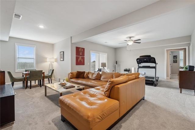 9504 N Amoret Ave, Kansas City, MO 64154 - living room featuring light carpet, baseboards, a ceiling fan, and recessed lighting